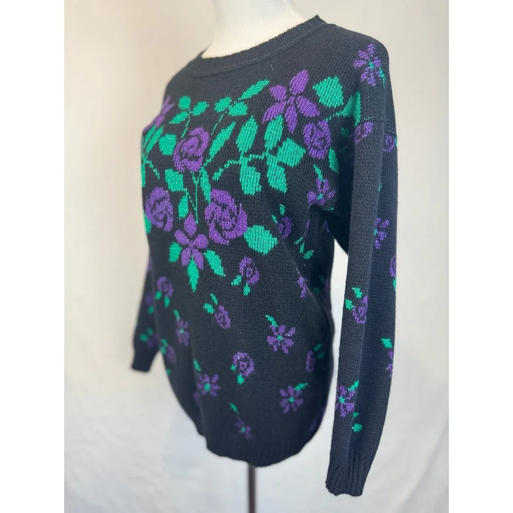 Vtg Black Purple Green Floral Knit Sweater 80s Vintage Women's Size M GFC‎ Inc